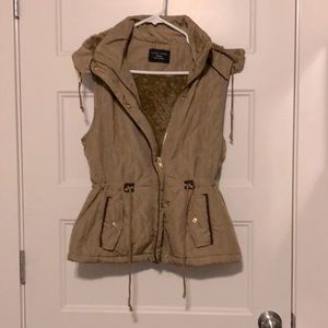 Brown Down Vest with Removable Fuzzy Hood